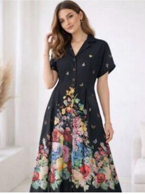Black Floral Border-Print Maxi Shirt Dress